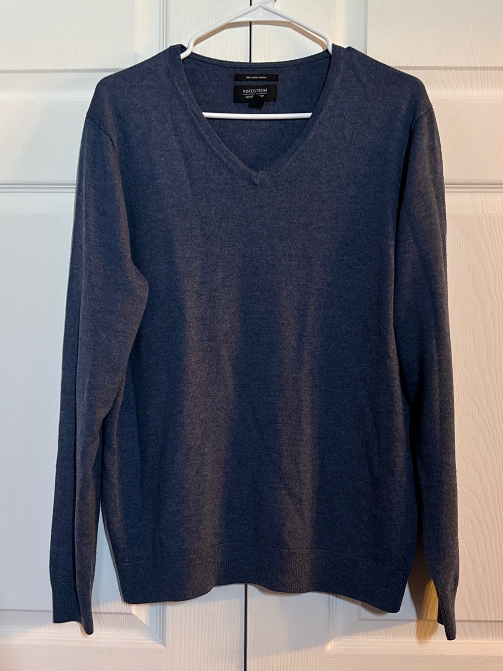 Nordstrom Mens Shop L 100% Italian Merino Wool V Neck Sweater Blue Pullover
